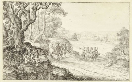 Hunters in a hilly landscape