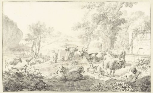Reclining Shepherdess with a Flock of Sheep and Goats