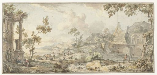Design for a Room Painting with Southern Coastal Landscape and Pyramid