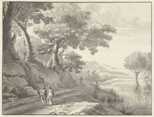 Landscape with walkers on a road along water