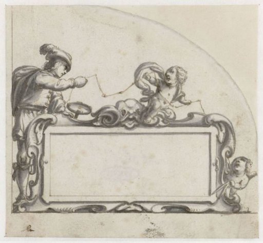 Cartouche surrounded by a man and two putti