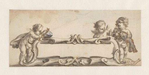 Elongated cartouche with three putti