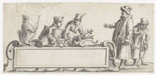 Cartouche with five Sami and a shot reindeer
