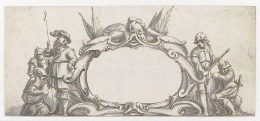 Cartouche flanked by five soldiers