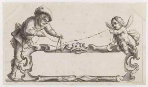 Cartouche surrounded by a man and a putto