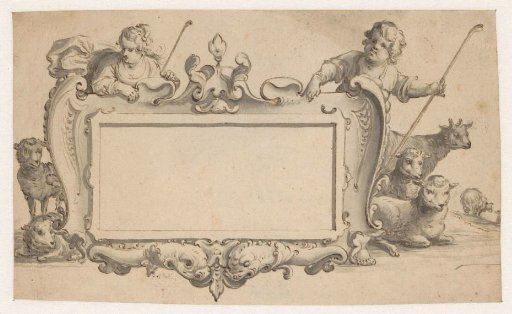 Rectangular cartouche with shepherd, shepherdess and sheep