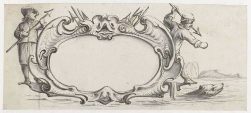 Cartouche with a hunter on each side