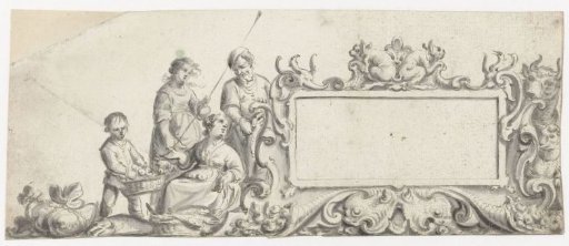 Rectangular cartouche with four persons and animals