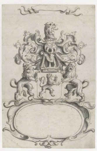 Oval cartouche with coat of arms between two lions