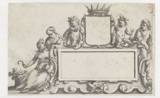 Rectangular cartouche with a coat of arms and five figures