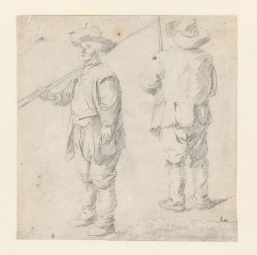 Two sketches of a standing man with a stick