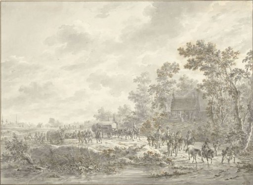 An army marching through a village