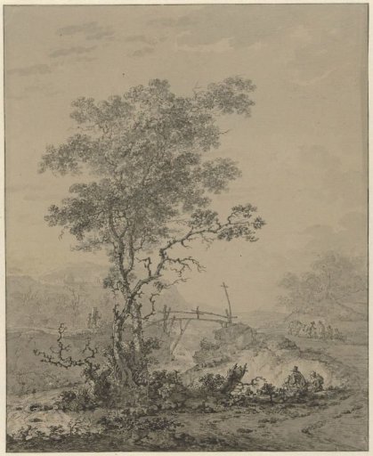 Mountainous landscape with a tree by a river, a bridge and several figures
