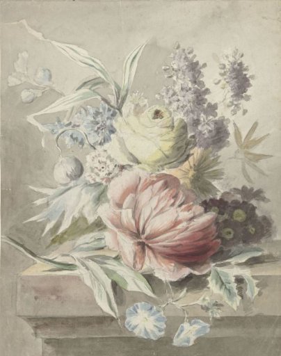 Flowers lying on a plinth