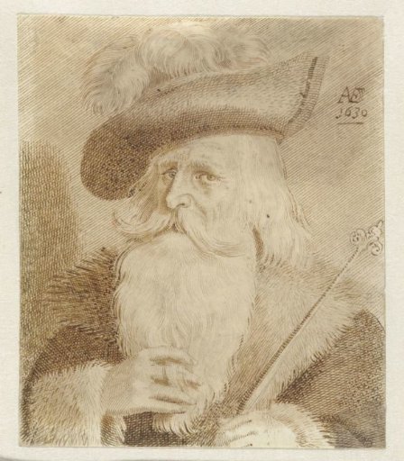 Man with fur collar, hat and staff