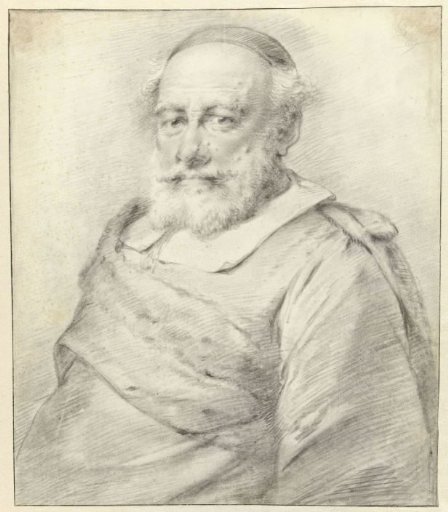 Portrait of a man with a white beard and a cap on his head, facing left