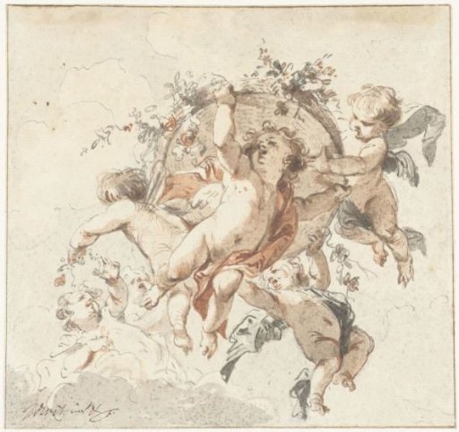 Floating cherubs with a flower basket