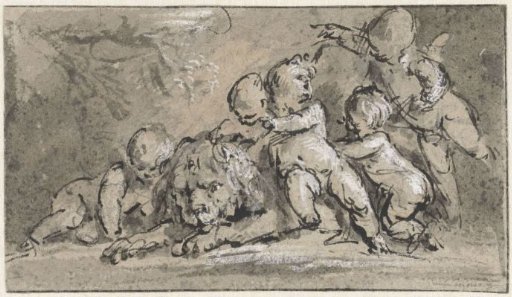 Five putti with a recumbent lion