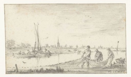 River view with three fishermen and view of Leiden