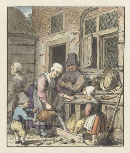 Peasant family feeding the pigs