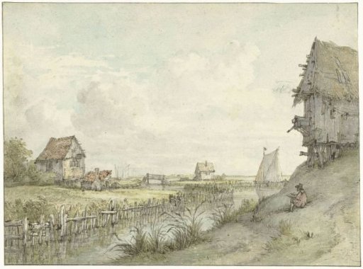 River landscape with sketching draughtsman between huts