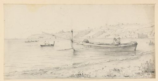 Coastal landscape with fishermen hauling in nets