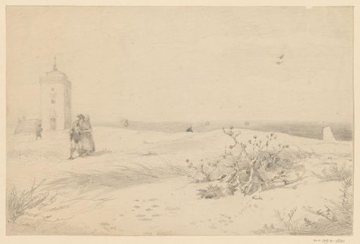 Several figures on the dunes before the lighthouse at Katwijk