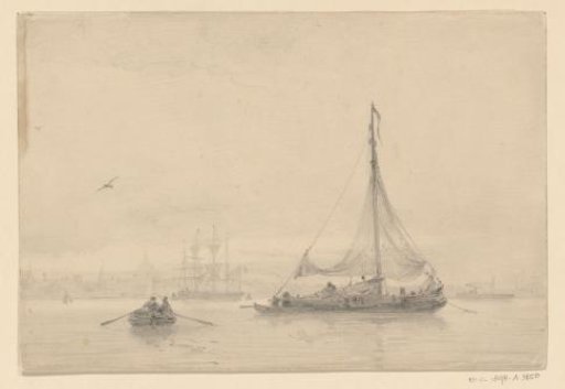 Ships on the water, with the profile of a city in the distance