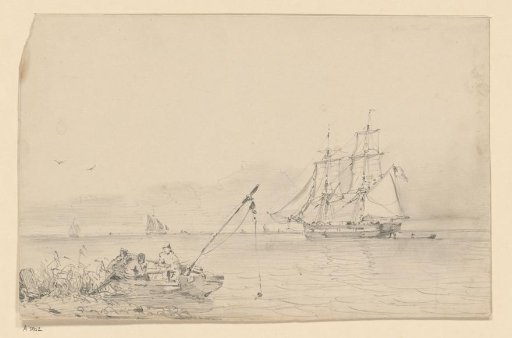 Fishermen in a Rowing Boat, with Sailing Ships in the Distance
