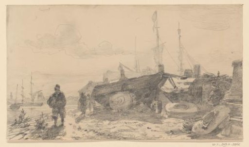 Figures on the shore near a shipyard