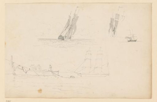 Studies of sailing ships and a rowboat