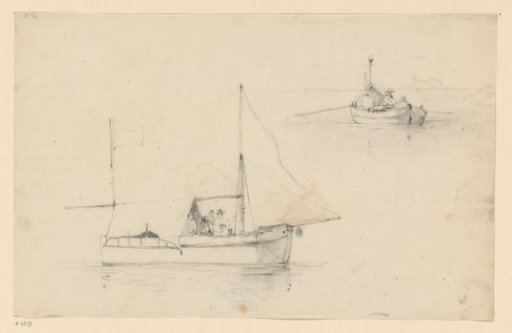 A rowing boat and a larger boat with a canopy