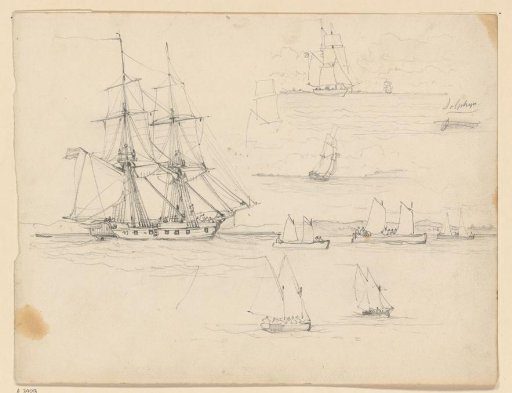Studies of ships, including the Dolphijn