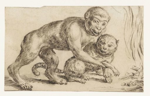 Monkey Holding a Cat's Paw by the Fire