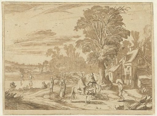 Inn with a large tree and figures on the ice