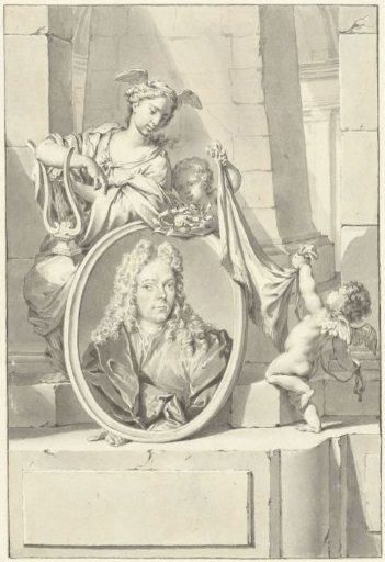 Putti and a woman by a medallion with the portrait of Arnold Houbraken