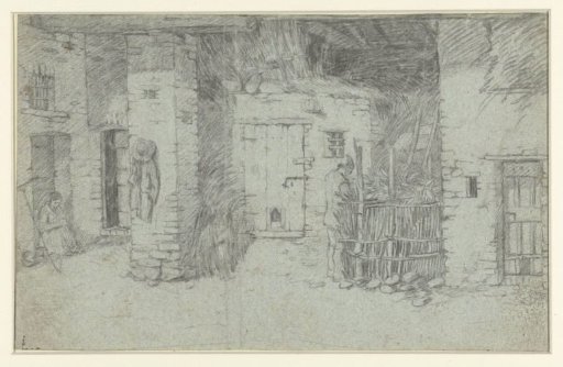 Interior of a Farm with a Seated Woman and a Man Watering
