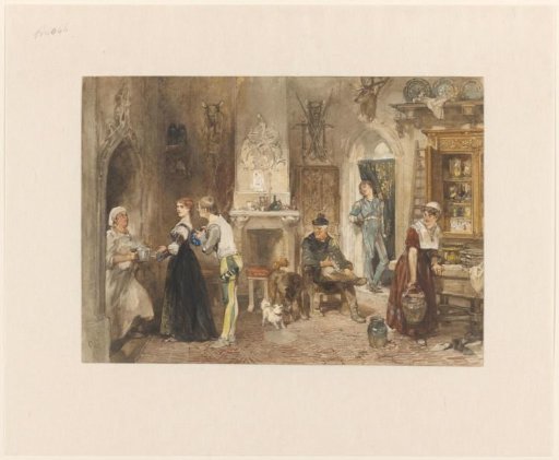 Servants of a castle gathered in an antechamber