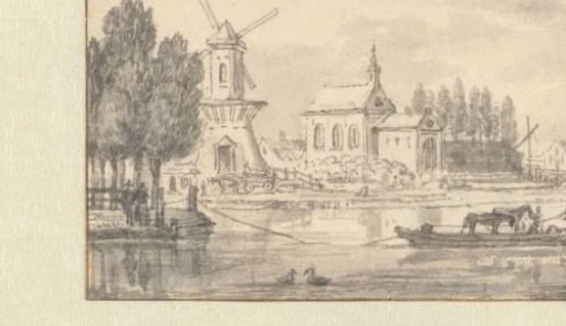 City wall with church and mill