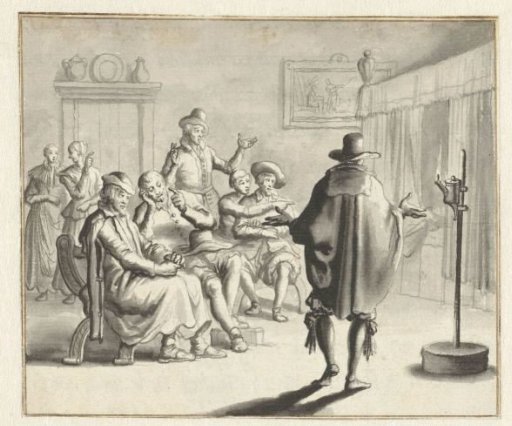 Group of people before a haunted bedstead