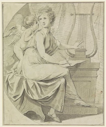 Cupid inspires a young woman, who strums a lyre with one hand, and writes with the other