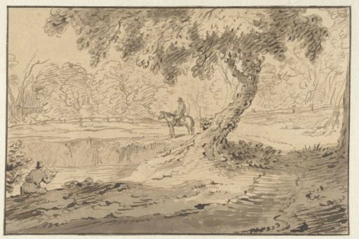 Forest landscape with rider and draughtsman