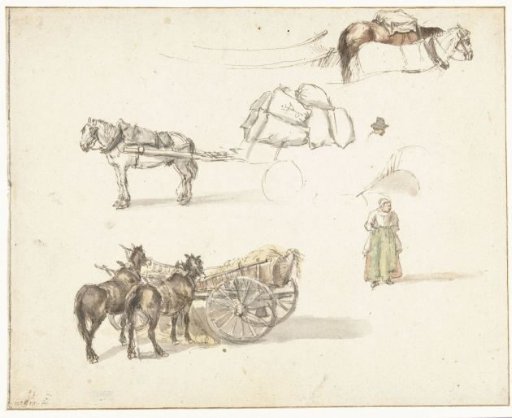 Several studies of carts and a standing peasant woman