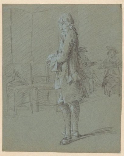 Seated man in long coat with pipe in hand, to the right
