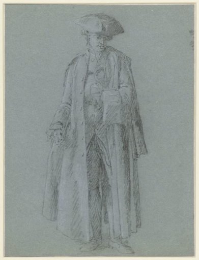 Man with a stick in a very long coat, a hand in his waistcoat