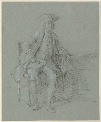 Man with a stick, long pipe in the right hand, seated at a table
