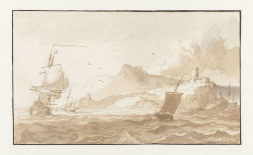 Ships before a rocky coast