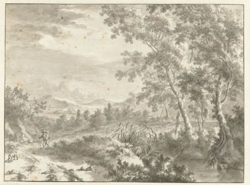 Hilly Landscape with Large Trees and a Traveller