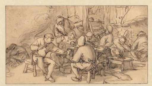 Interior of a peasant tavern with five smoking and drinking peasants