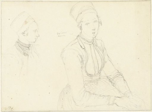 Two sketches of the costume of a woman from Marken